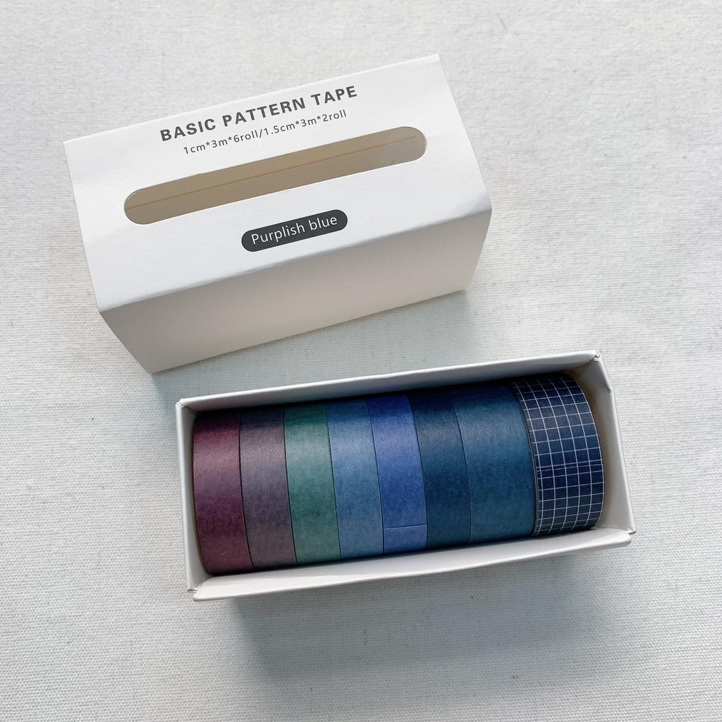 Hộp 8 Cuộn Washi Tape - Băng Dính Tone Màu Tím Xanh Hồng