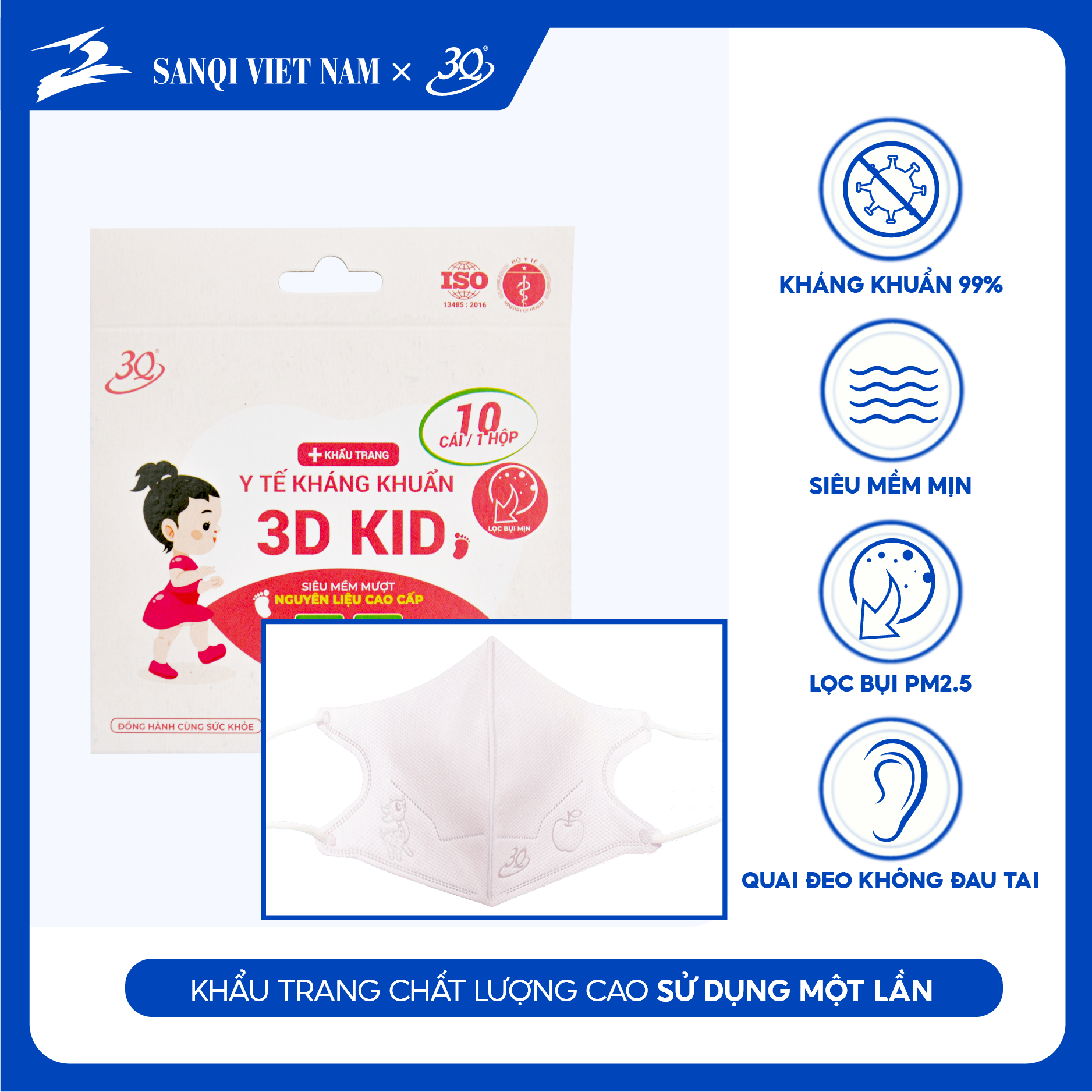 Khẩu trang 3D 3Q dành cho bé 2-12 tuổi (10 chiếc / túi