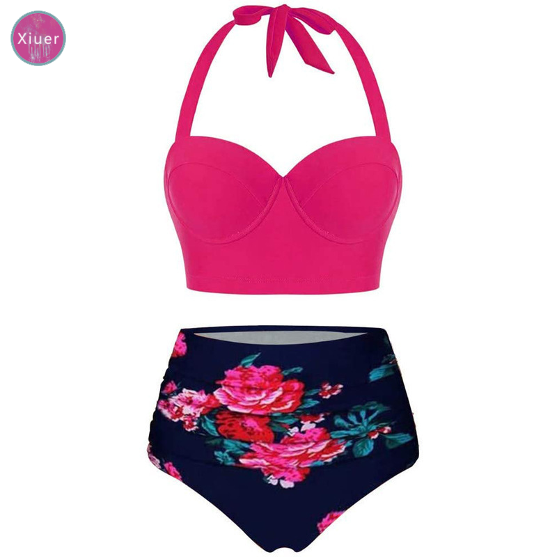 Bộ Đồ Bơi Bikini Lưng Cao Size Lớn In Họa Tiết Hoa Có Mút Nâng Ngực Phong Cách Âu Mỹ Cho Nữ