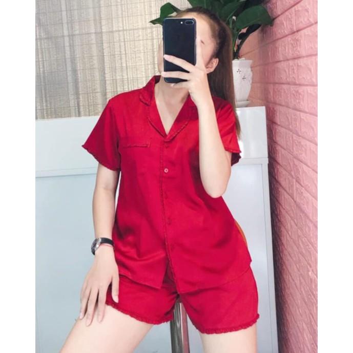 Bộ Mặc Nhà Nữ NHIHOUSE71 Pijama Lụa Satin Quần Ngắn Tay Ngắn Trơn Viền Ren Freesize 45-55kg