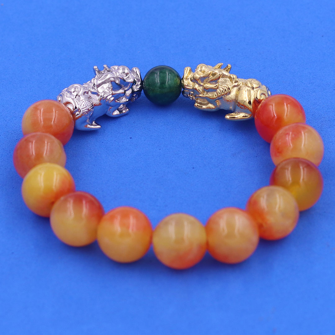 Vòng chuỗi đeo tay đá ngọc tủy cam 12 ly charm tỳ hưu đôi inox trắng và vàng, vòng chuỗi phong thủy, charm tỳ hưu, vòng tay hạt chuỗi