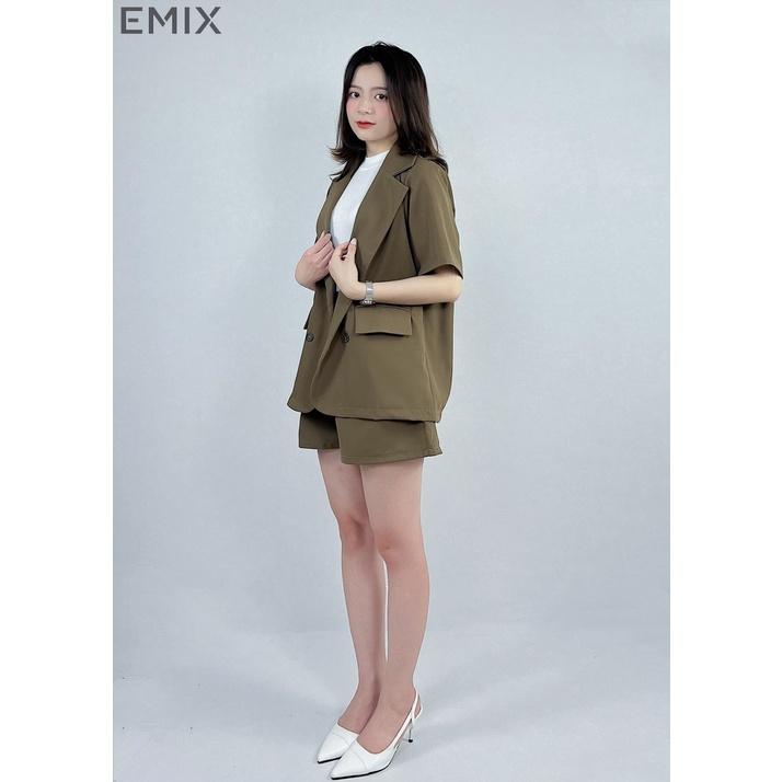 Set vest cộc tay EMIX (màu nâu), áo blazer cộc tay, quần short cạp cao, form rộng, có cúc, chất trượt hàn 109