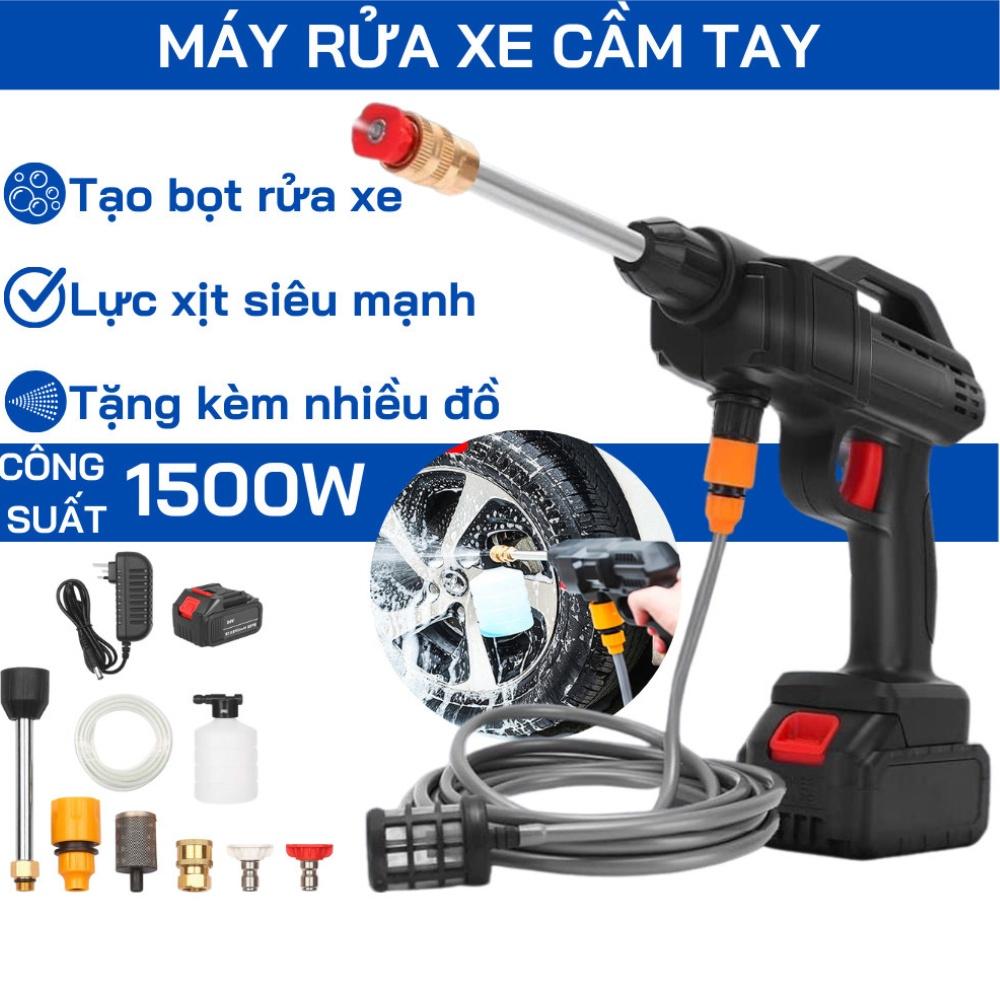 Máy Rửa Xe Dùng Pin Mini Chân Pin Phổ Thông Máy Rửa Xe Tăng Áp Công Suất 1500W Nhỏ Gọn Tiện Lợi