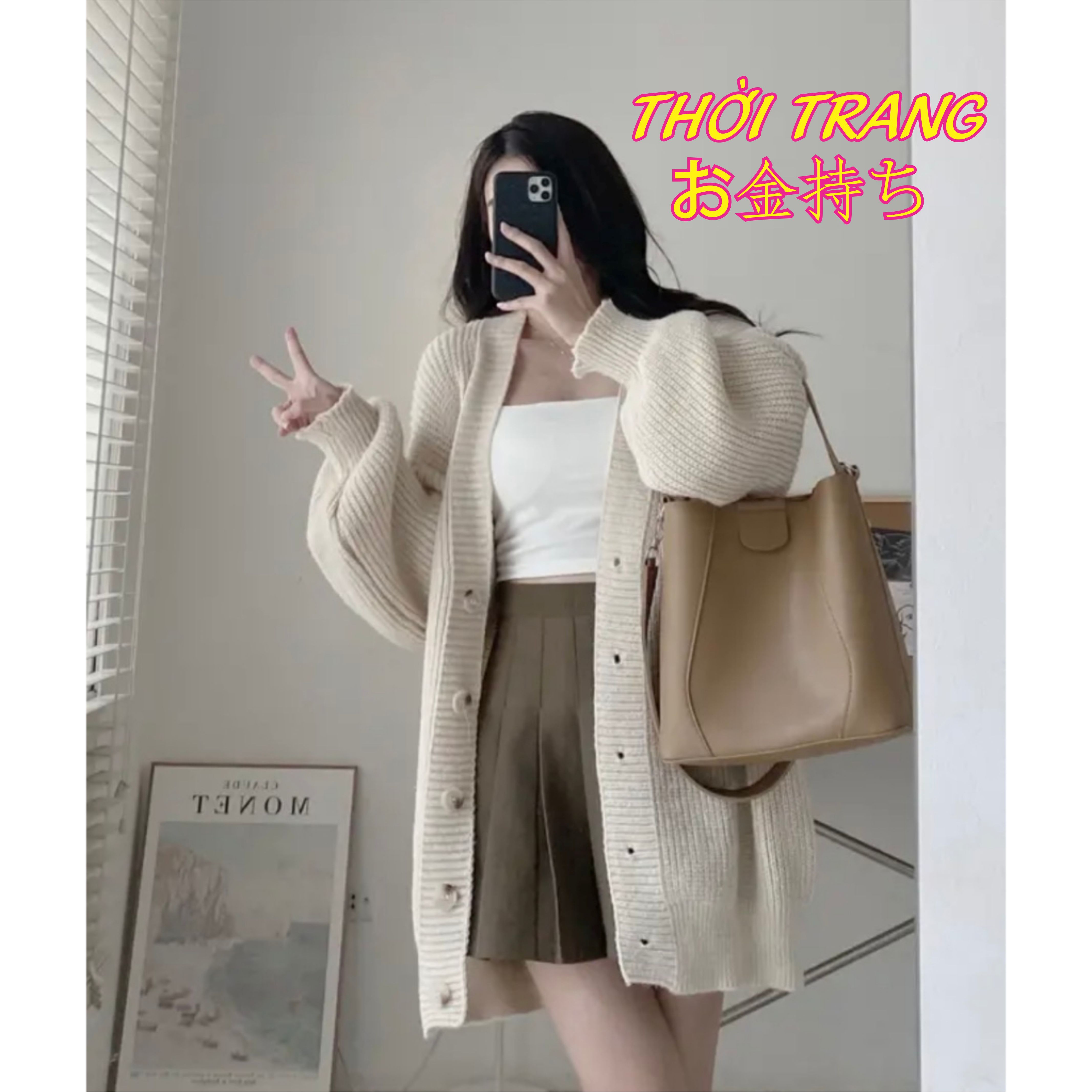 SẴN Áo khoác len cổ V cardigan có khuy 2 túi trước oversize trùm mông ulzzang thu đông 171