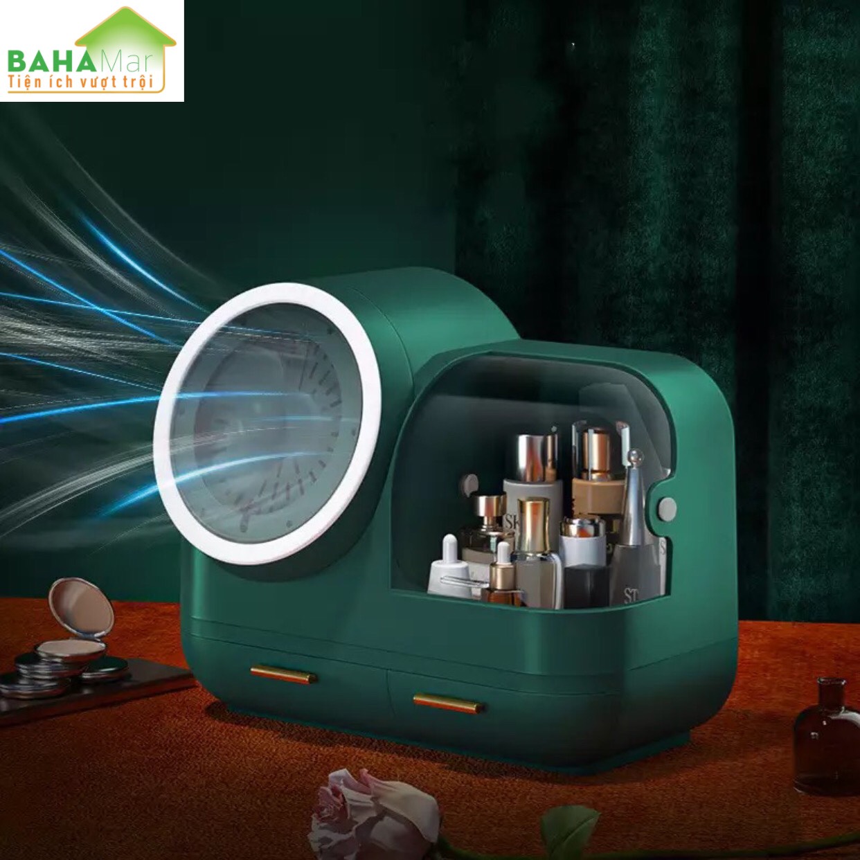 HỘP ĐỰNG MỸ PHẨM CÓ GƯƠNG TRANG ĐIỂM ĐÈN LED QUẠT BAHAMAR có quạt thổi khô lớp trang điểm thiết kế tay cầm dễ dàng xách di chuyển hộp chống bụi v
