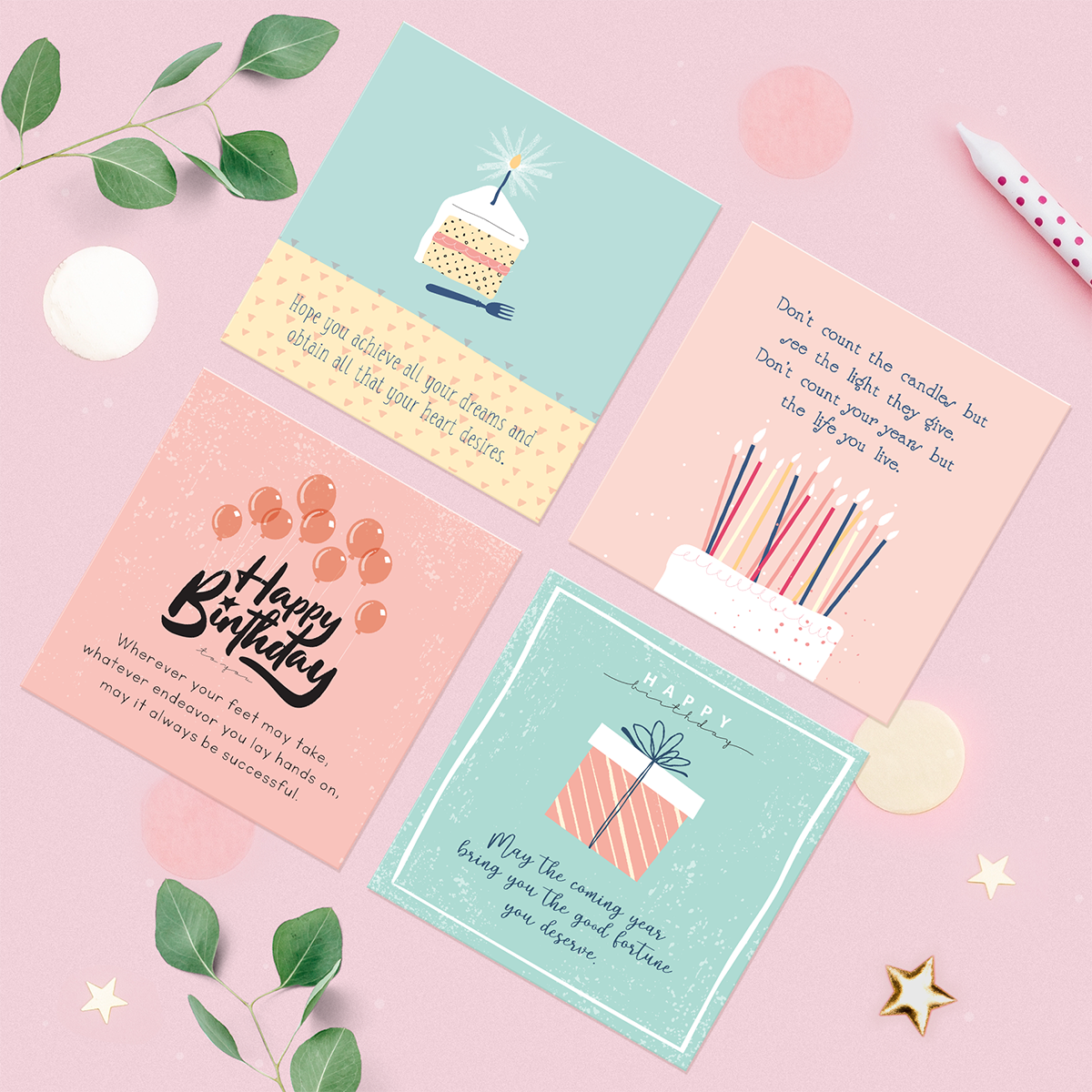 Set 4 thiệp chúc mừng sinh nhật SDstationery LOVELY DAY 12x12 màu pastel nhẹ nhàng minh họa trang nhã câu chúc tiếng Anh ý nghĩa