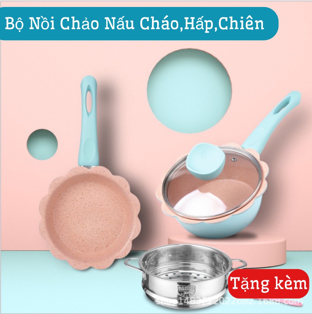 Bộ Nồi Chảo Ăn Dặm Cho Bé Chống Dính 16cm, Set Nồi Chảo Nấu Đồ Ăn Dặm Cho Bé Kèm Xửng Hấp Tặng Kèm Muỗng