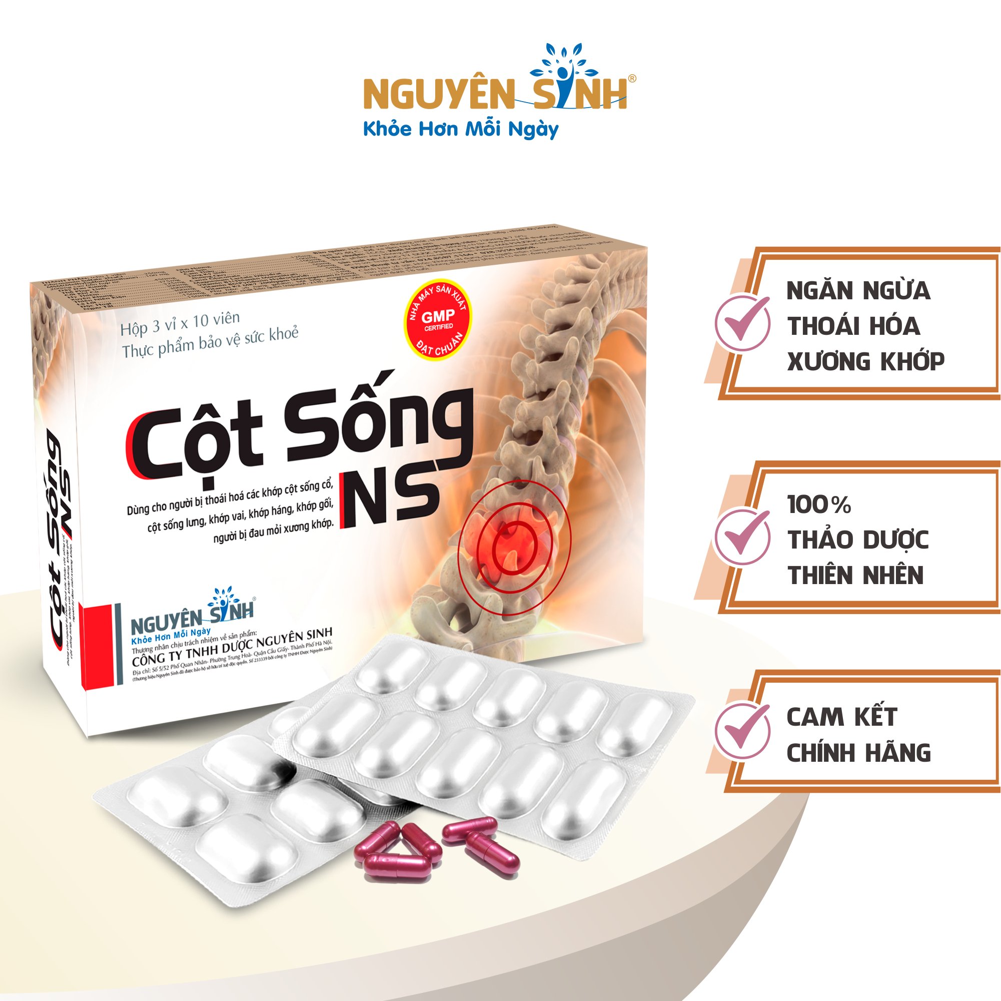 Thực phẩm chức năng hỗ trợ xương khớp CỘT SỐNG NGUYÊN SINH viên uống bổ khớp, giảm đau nhức mỏi xương khớp, bổ sung dưỡng chất và giảm viêm khớp, hỗ trợ điều trị thoái hóa khớp – Hộp 30 Viên