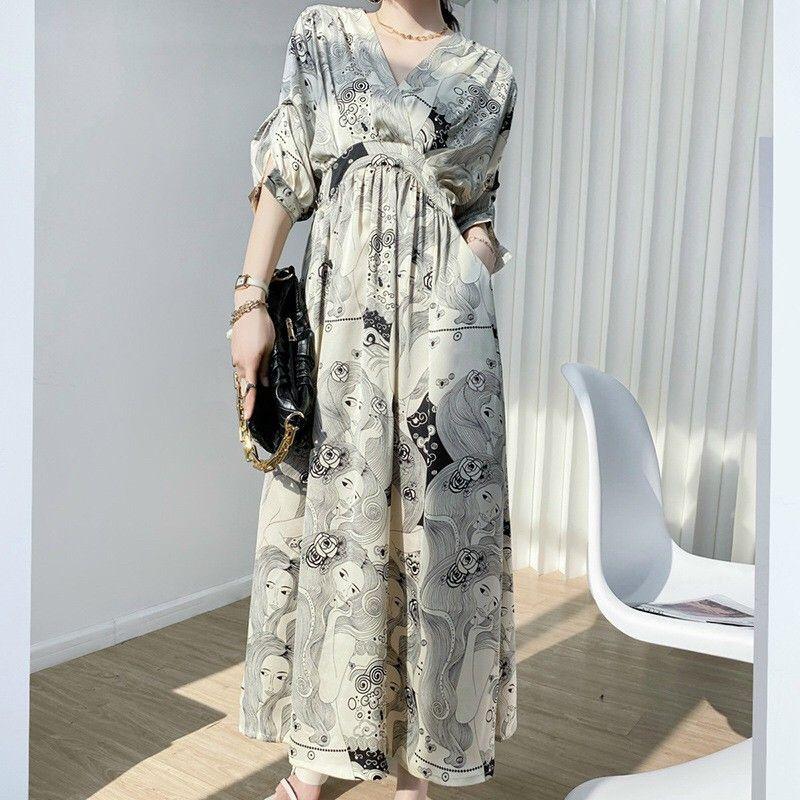 (sẵn-ảnh chụp)MAXI CỔ V TAY LỬNG HỌA TIẾT SANG TRỌNG