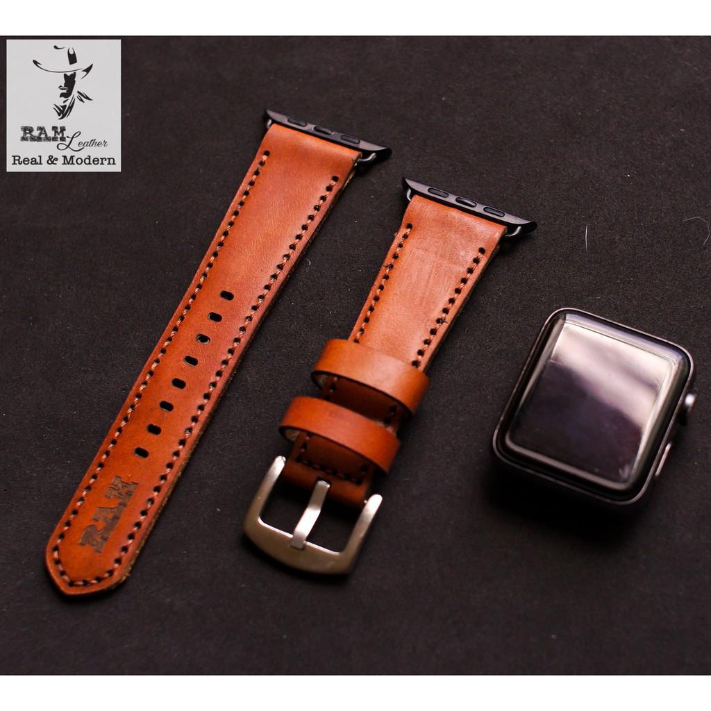 Dây apple watch da bò thật nâu đỏ handmade bền chắc cực đẹp RAM bauhaus 1980 - tặng khóa chốt và adapter