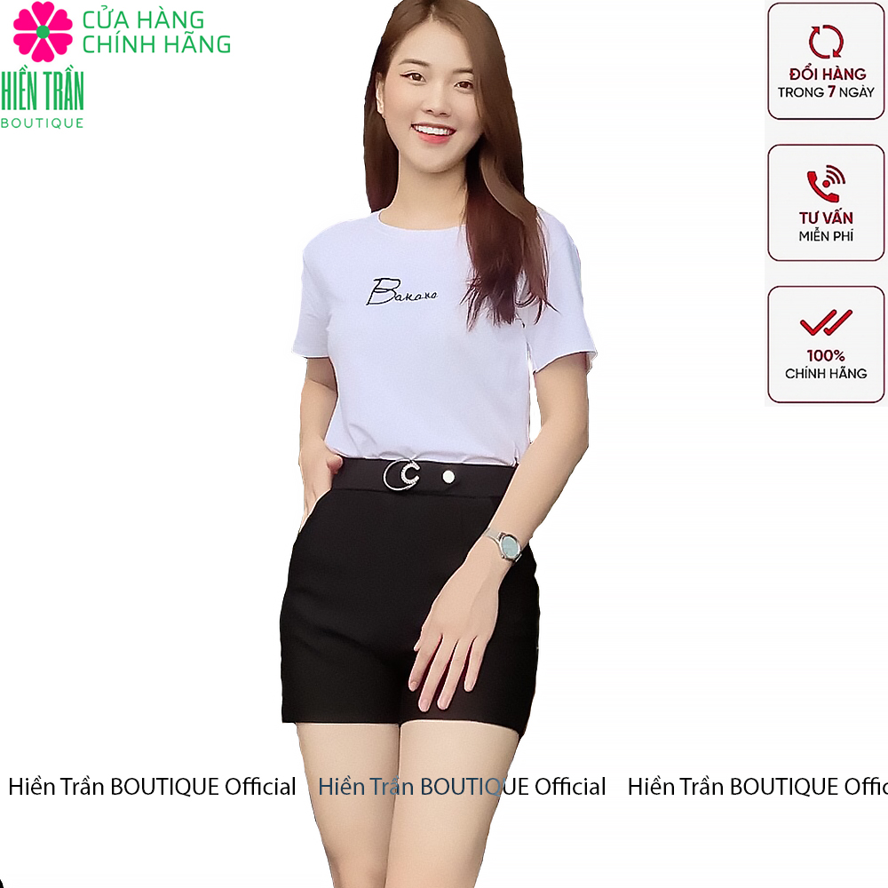 Quần short nữ Hiền Trần BOUTIQUE cạp cao, khuyên đá chất vải Umi Hàn cao cấp co giãn tốt tôn dáng