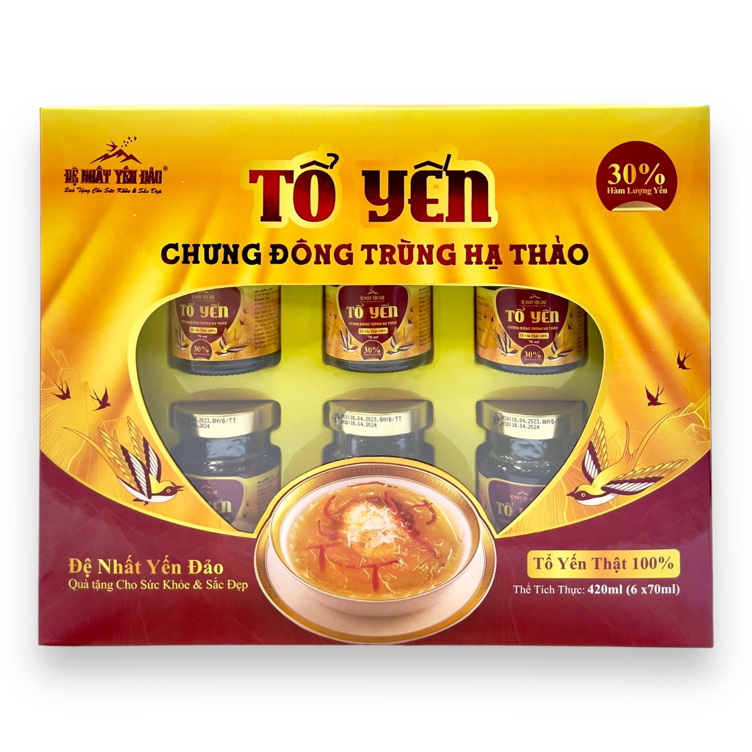 TỔ YẾN CHƯNG ĐÔNG TRÙNG HẠ THẢO - ĐỆ NHẤT YẾN ĐẢO (TỔ YẾN THẬT 30%) (6 X 70ML) - BỒI BỔ SỨC KHỎE - TĂNG CƯƠNG HỆ MIỄN DỊCH - TỐT CHO PHỔI - ĐẸP DA - CHỐNG LÃO HÓA KÉO DÀI TUỔI THANH XUÂN