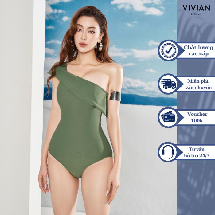 Đồ bơi nữ cao cấp dạng một mảnh lệch vai bọc viền bản lớn - màu xanh rêu - VS079_MS