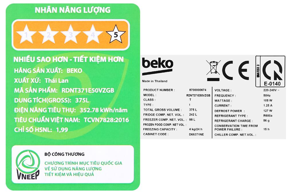 Tủ lạnh Beko Inverter 340 lít RDNT371E50VZGB - Hàng chính hãng - Giao toàn quốc