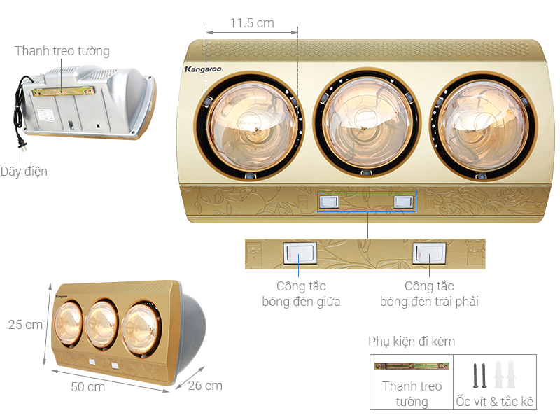 Hình ảnh Đèn sưởi 3 bóng Kangaroo KG3BH01 (825W) - Hàng chính hãng