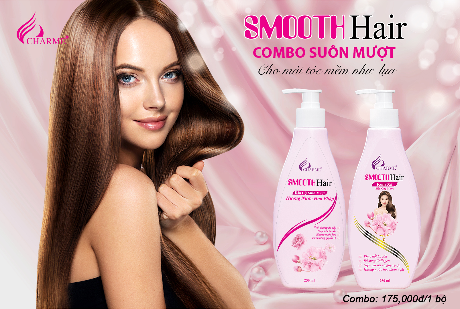 Combo dầu gội kem xả suôn mượt, Charme Smooth Hair, dưỡng tóc suôn mượt, 250ml