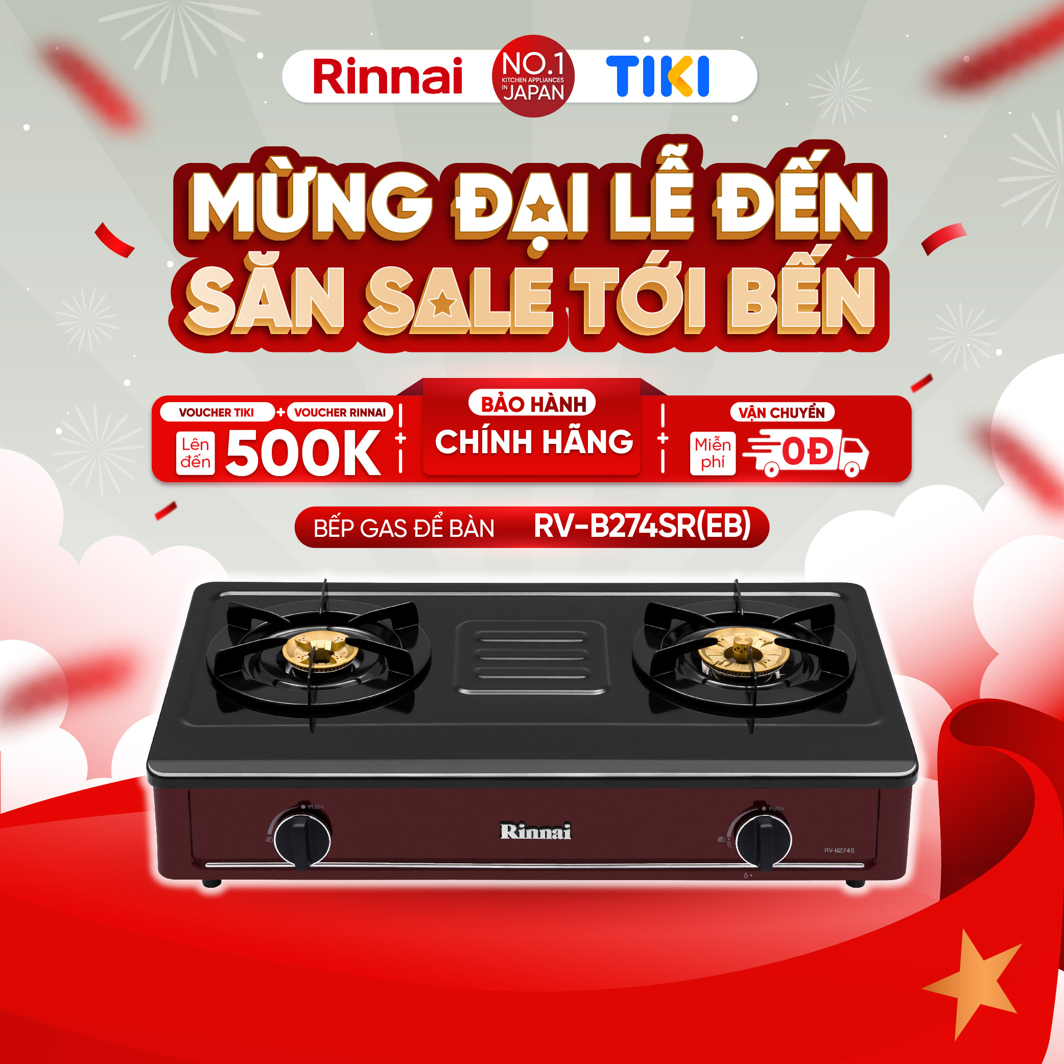 Bếp gas dương Rinnai RV-B274SR(EB) mặt bếp men và kiềng bếp men - Hàng chính hãng.