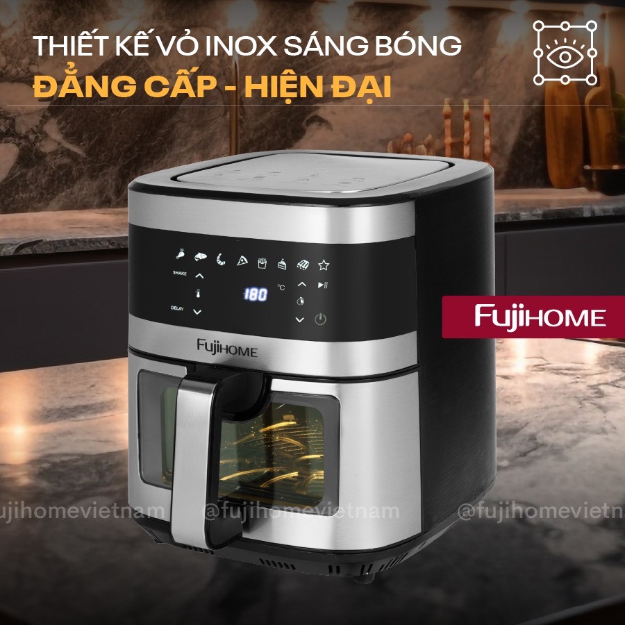 Nồi chiên không dầu 10L nhập khẩu Fujihome tự ngắt A10DG2, nồi chiên điện tử 10 Lít LCD cảm ứng 8 chế độ nấu,tặng kèm kẹp gắp - hàng chính hãng