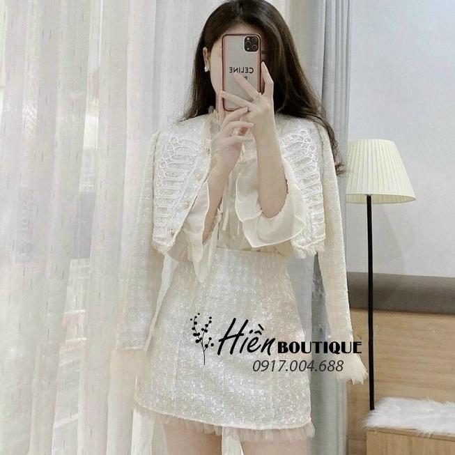 Set Công Sở Nữ - Combo Áo Sơ Mi Công Sở Phối Chân Váy Chữ A Kèm Áo Khoác Dạ Tweed Phối Chân Ren (Hàng thiết kế)