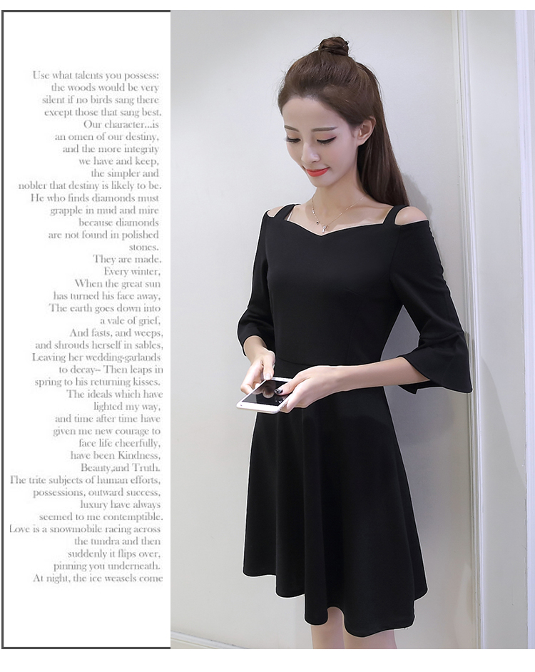 Đầm nữ đen trơn hai dây bẹt vai tay loa nữ tính phong cách Hàn Quốc