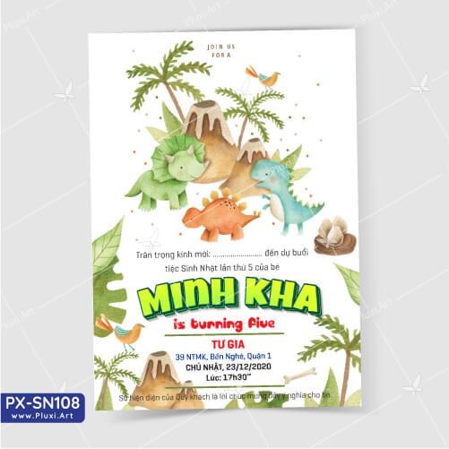 Thiệp thôi nôi – sinh nhật Khủng Long Pluxi (PX_SN108)