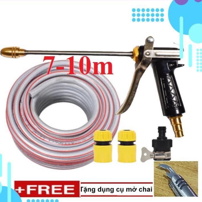 Bộ dây vòi xịt nước rửa xe, tưới cây . tăng áp 3 lần, loại 7m, 10m 206318 đầu đồng,cút,nối nhựa đen+ tặng mở chai