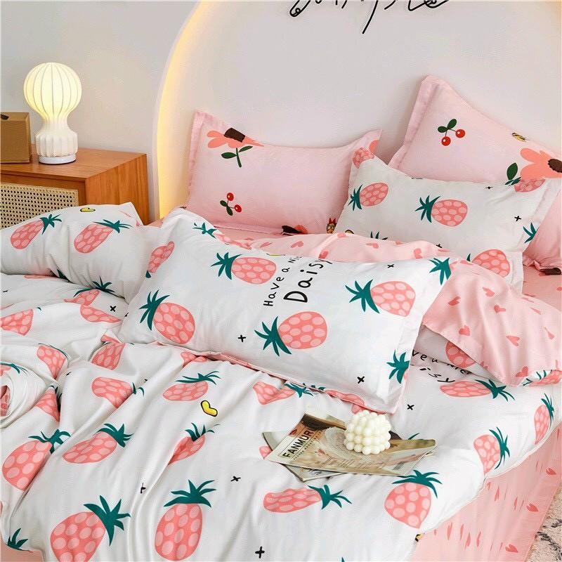 Bộ chăn ga gối Cotton poly M2T bedding, vỏ chăn mền, drap ga giường và 2 vỏ gối - PL quả dứa hồng