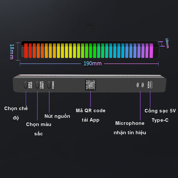 Đèn led GRB 3D 32 led cảm ứng âm thanh tích hợp pin sạc 5V/250mA, tùy chọn 8 chế độ, kết nối với điện thoại qua bluetooth