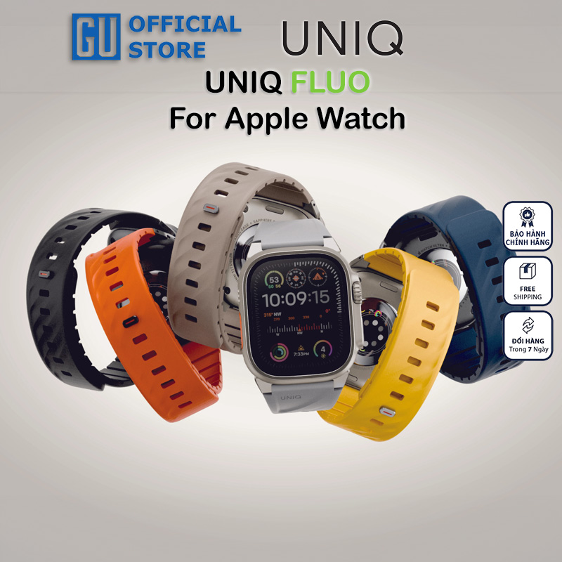 Dây Đeo UNIQ FLUO Cho Apple Watch Đủ Size 40-49mm Cao Su Bền Chống Nước Khóa Cài Thép Và Khóa Nam Châm Từ Tính An Toàn Hàng Chính Hãng