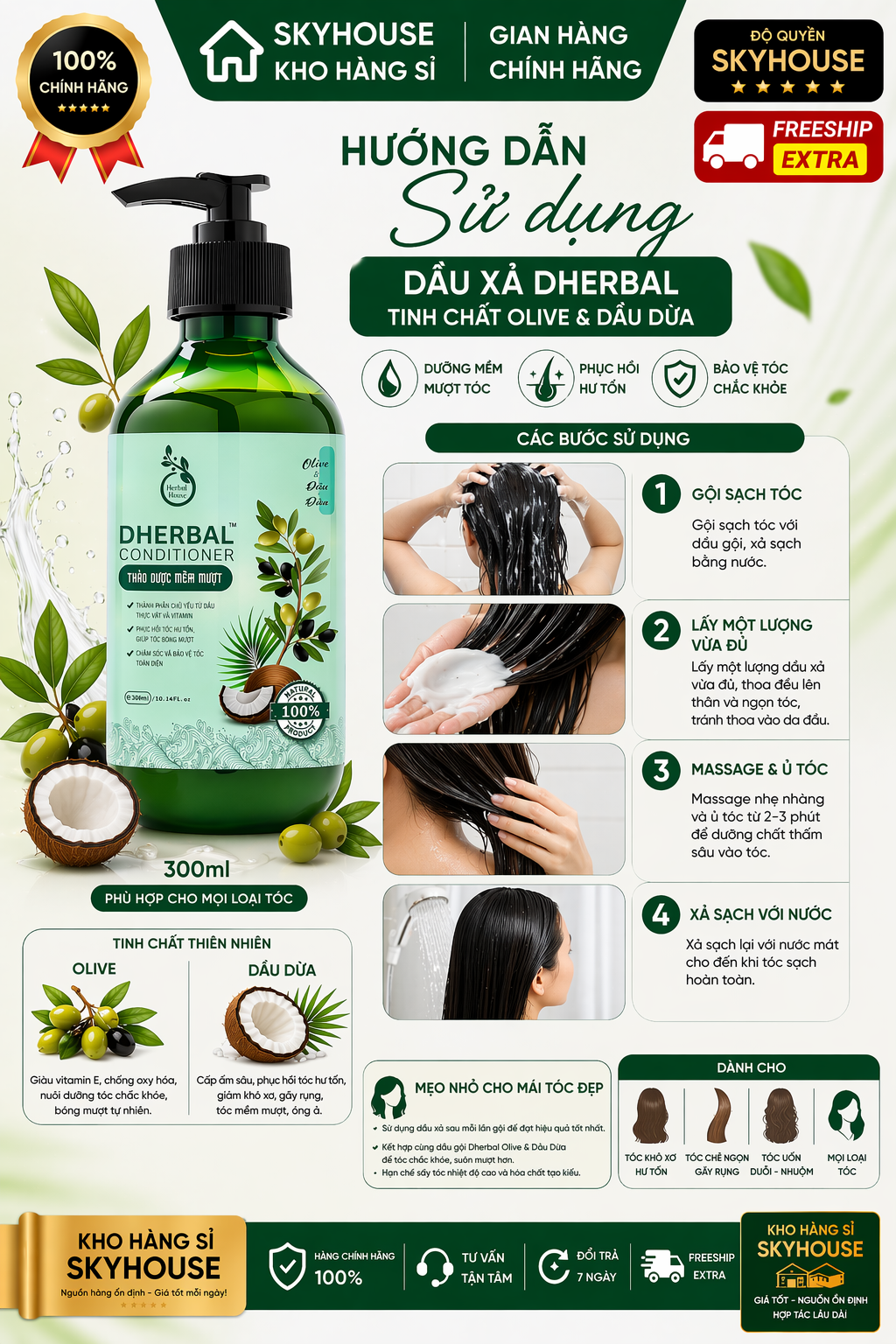 Dầu xả thảo dược thiên nhiên tinh chất olive dầu dừa độc quyền DHERBAL chai 300ml  dầu xả tóc chắc khỏe suôn mượt chính hãng
