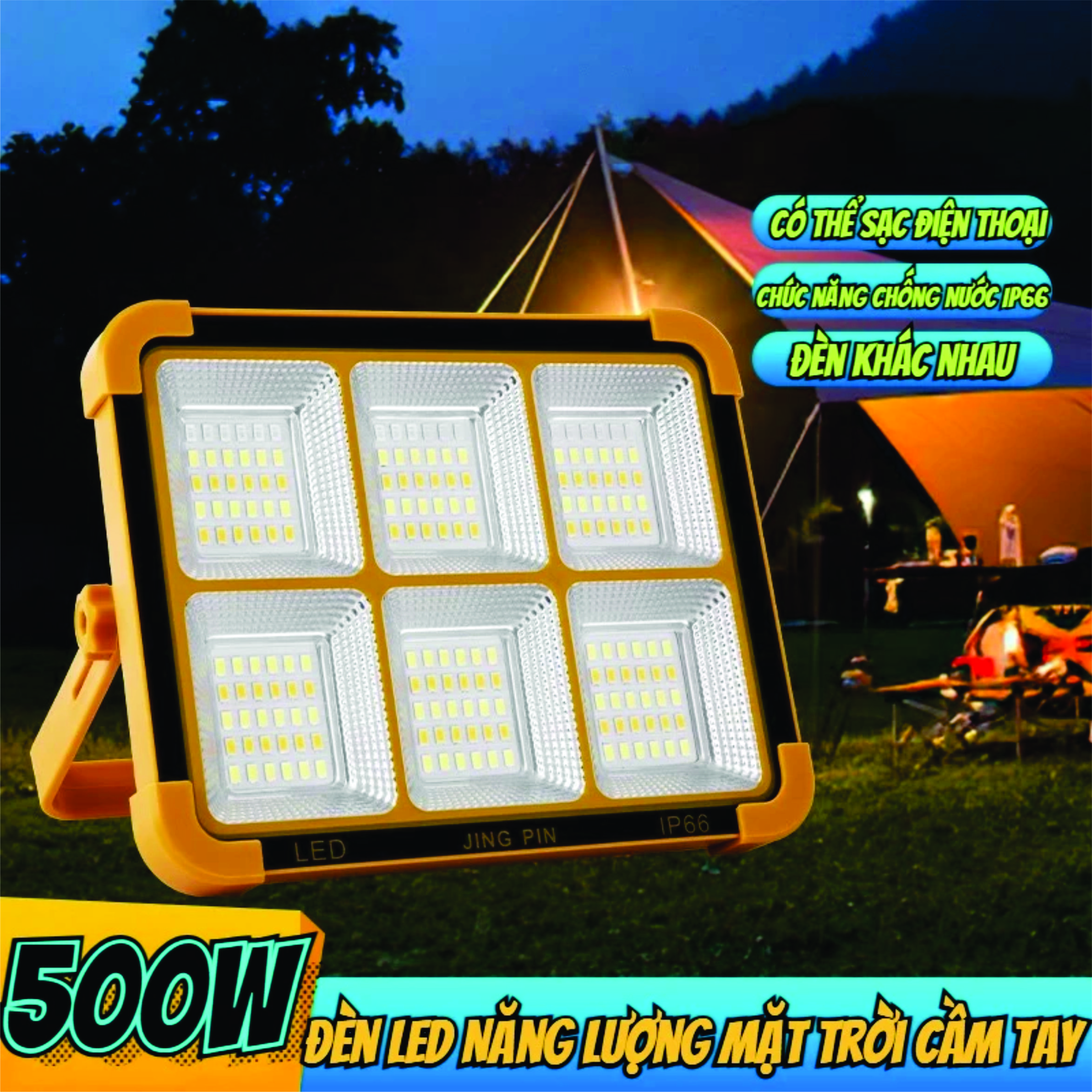 Đèn LED Năng Lượng Mặt Trời Cầm Tay  500W, Đa Năng, Chống Nước, Đổi Màu
