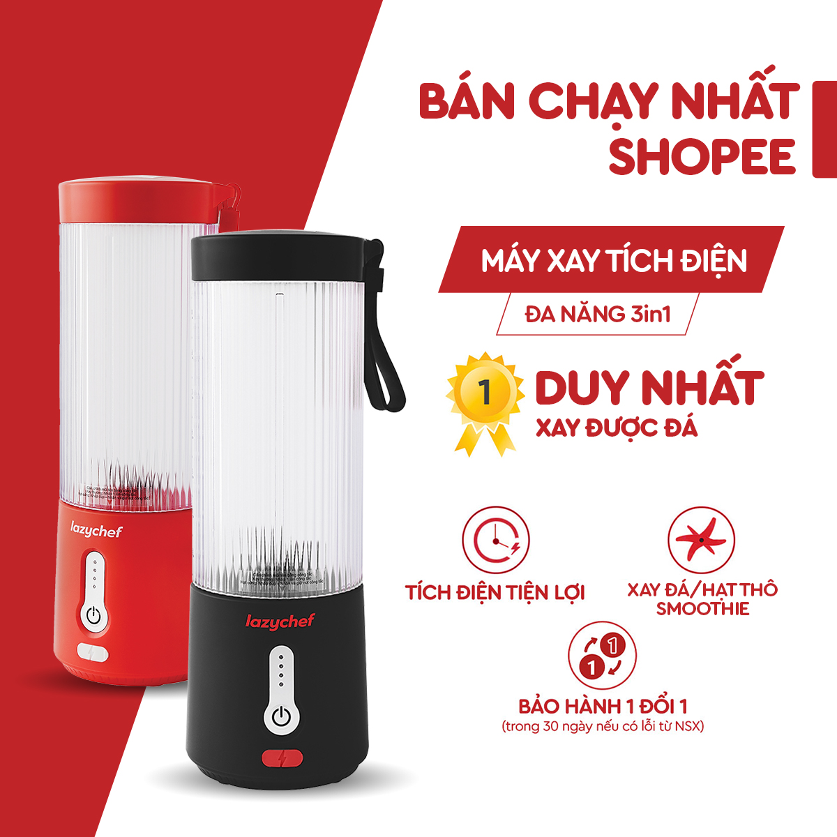 Máy Xay Cầm Tay 3IN1 Sạc Pin Tiện Lợi Lazychef - Máy Xay Đa Năng Sạc Điện, Máy Xay Sinh Tố Trái Cây, Máy Xay Cầm Tay, Hàng Chính Hãng