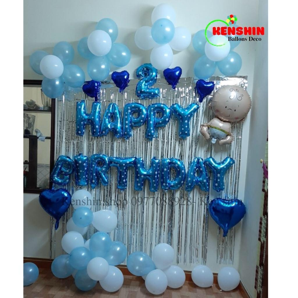 Set Bóng Trang Trí Sinh Nhật Gồm Bóng Chữ Happy Birthday, 2 Rèm Kim Tuyến 50 Bóng Bay cho Bé Trai, Bé Gái KS001