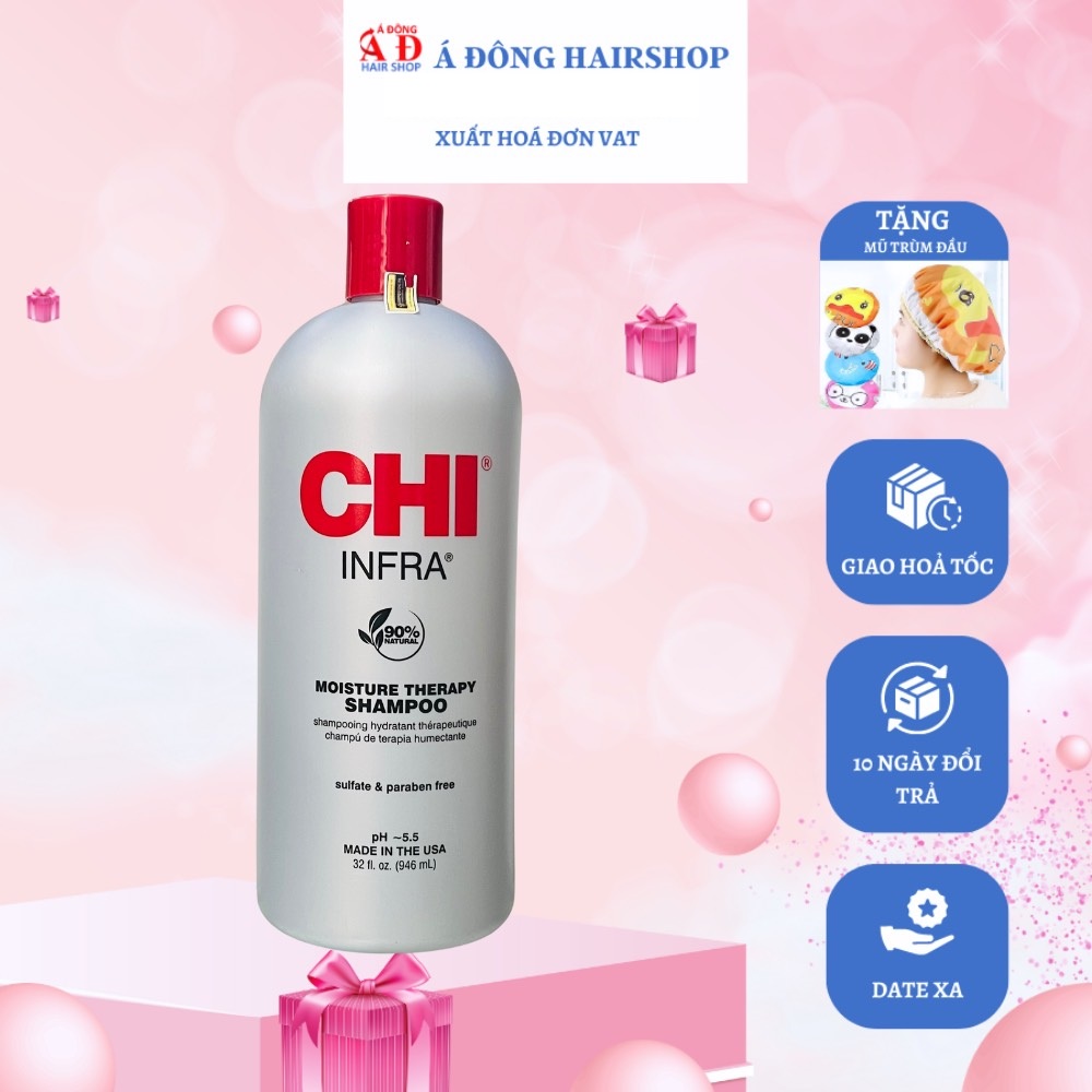 [+Tặng mũ trùm] Dầu gội CHI Infra Moisture Therapy shampoo siêu mượt cho tóc khô hư tổn (xám) Mỹ 946ml (Mẫu mới)