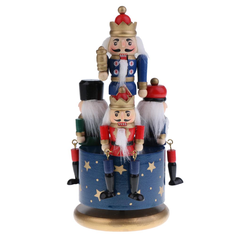 Wooden Nutcracker 4 Soliders Music Box Wind Up Toy Gift