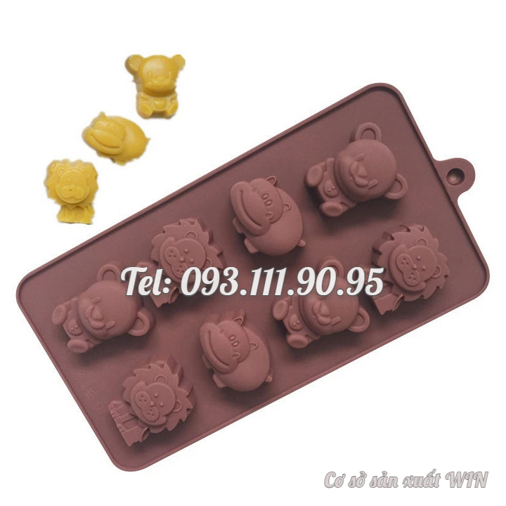 Khuôn silicon làm bánh, rau câu, socola 8 con hà mã, sư tử, gấu – Mã số 1435