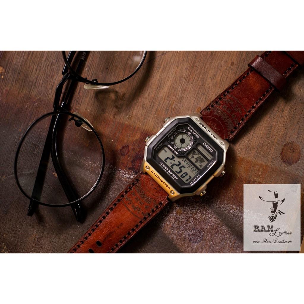 DÂY ĐỒNG HỒ TRỐNG ĐỒNG CASIO AE1200/SEIKO5 LIGHT BROWN ĐẬM DA BÒ THẬT