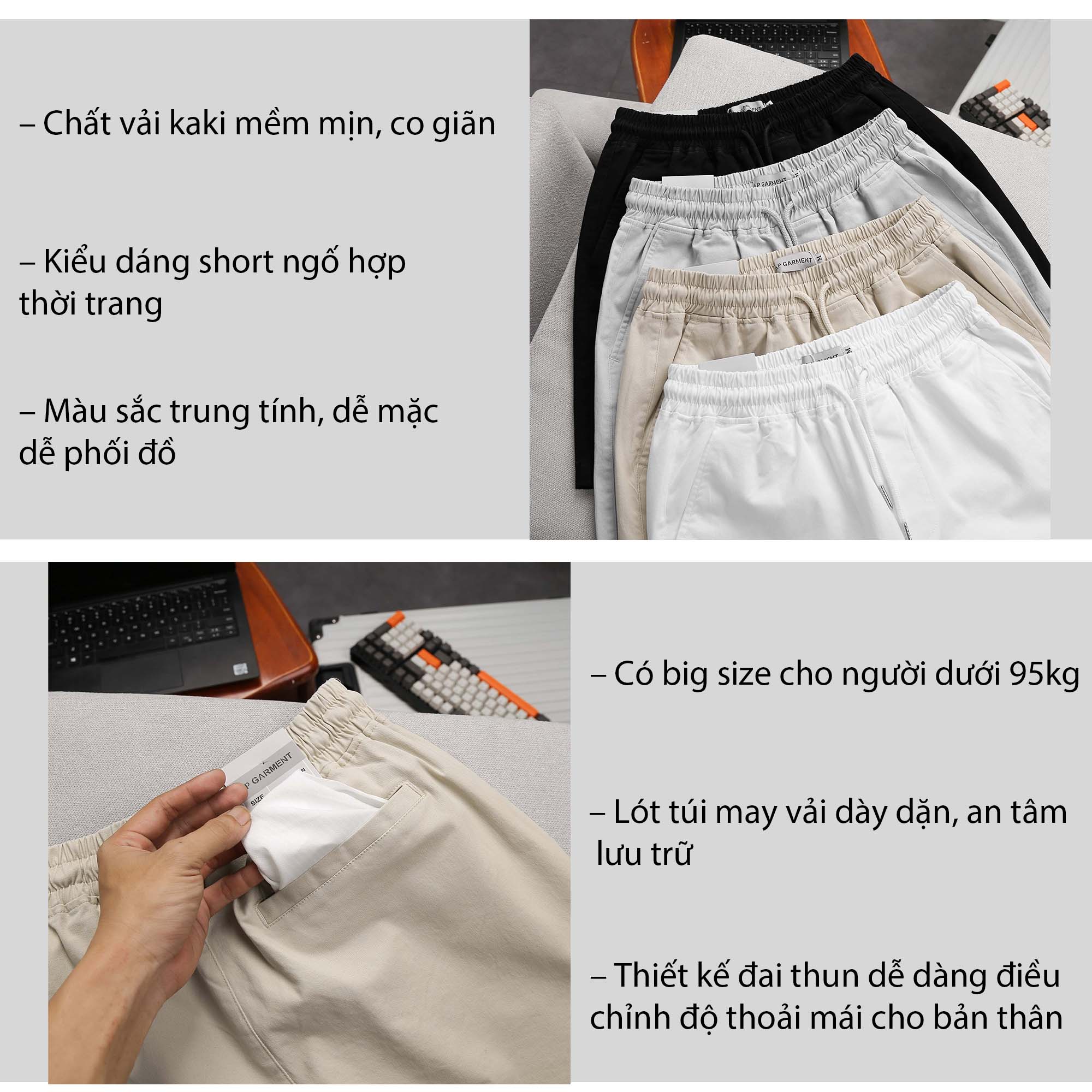 Quần short kaki nam lưng thun, kaki mềm mịn, big size cho người 95kg - FORMEN SHOP - FMPS227