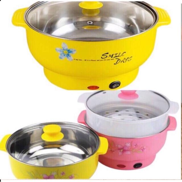 Nồi lẩu điện đa năng mini tròn kèm hấp xửng lòng chảo màu trắng inox 22cm màu vàng , hồng