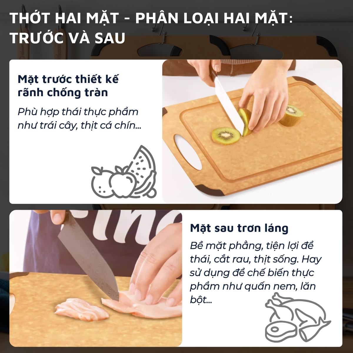 Thớt gỗ sợi fiber DandiHome chịu nhiệt 177 độ C, sử dụng với máy rửa bát, không BPA, không mùi, không lo ẩm mốc