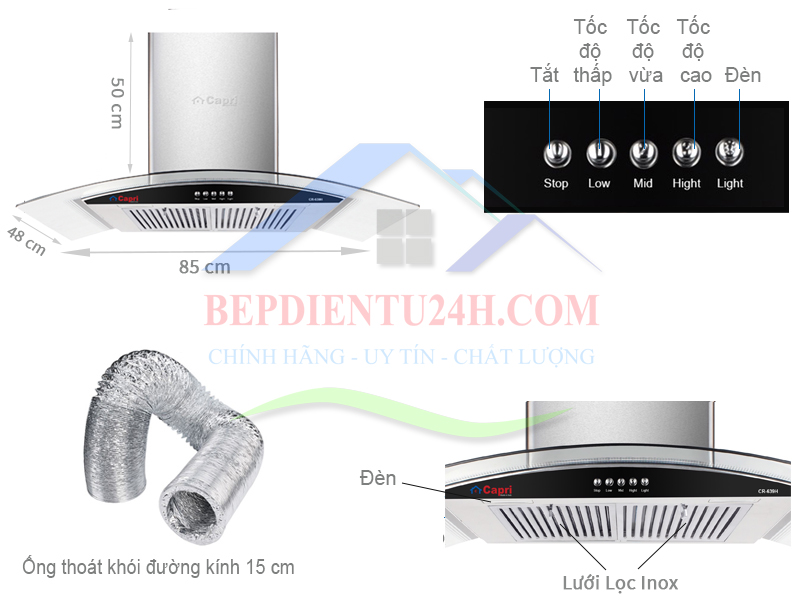 Máy Hút Mùi Hiện Đại Capri CR-639H - Hàng Chính Hãng, Sản Xuất Theo Tiêu Chuẩn Châu Âu, Động Cơ Siêu Êm, Khử Mùi Trực Tiếp, Bền Đẹp, Sang Trọng