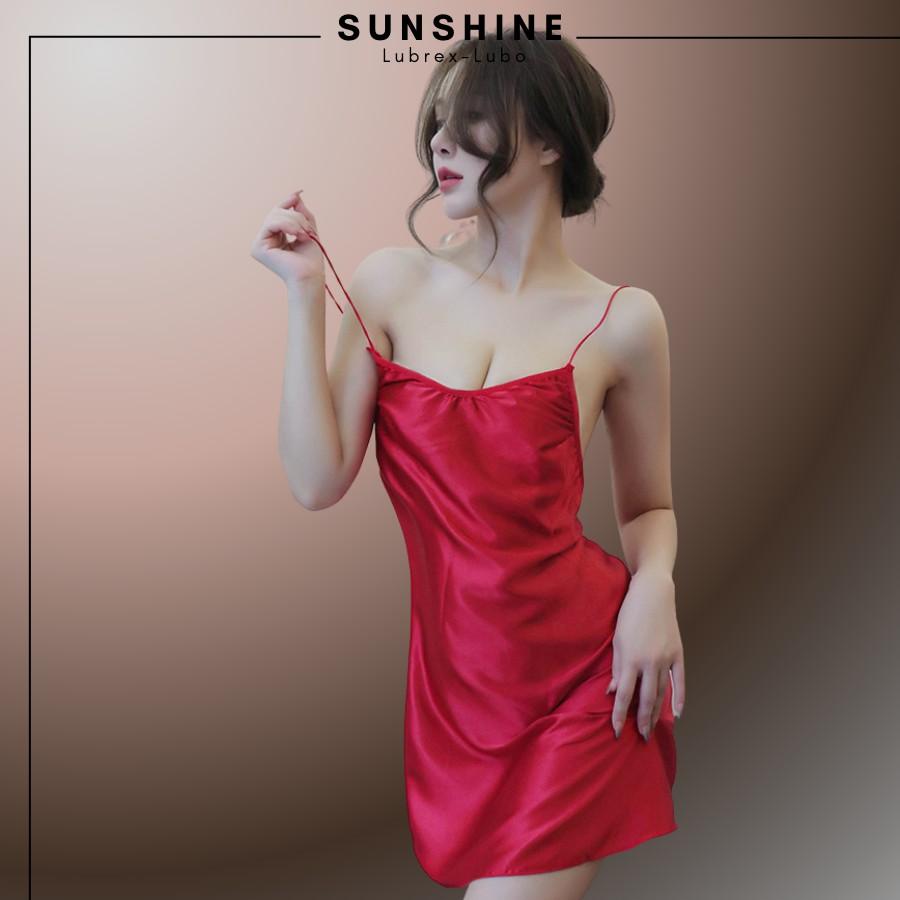 Váy Ngủ Lụa Đồ Ngủ Satin Hai Dây Không Mút Ngực Hở Sau Lưng- SUNSHINE -LUBREX LUBO LT1062 MÀU ĐỎ