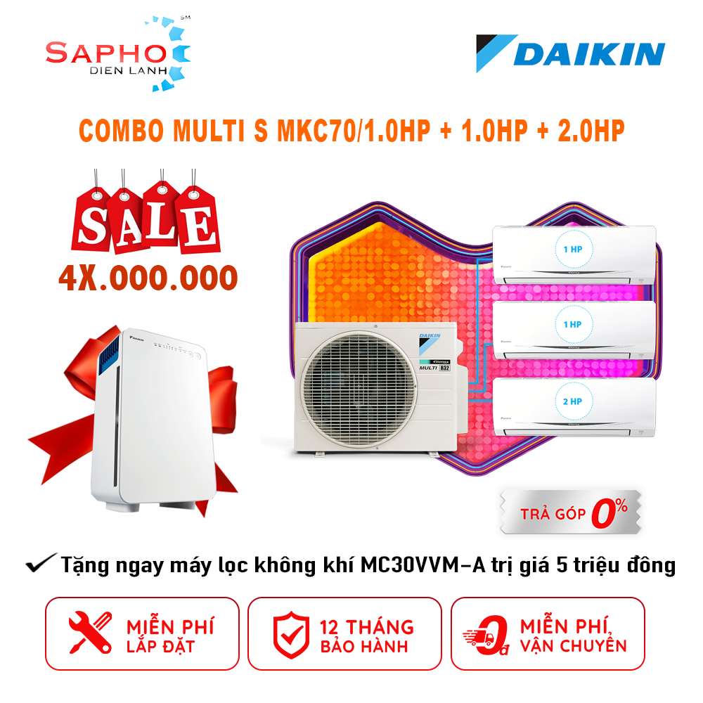 Hệ Thống Máy Lạnh Multi S Daikin Combo MKC70SVMV/CTKC25RVMV+CTKC25RVMV+CTKC50RVMV Inverter Gas R32 Treo Tường 1 Chiều Lạnh Hàng Chính Hãng - Chỉ giao tại HCM