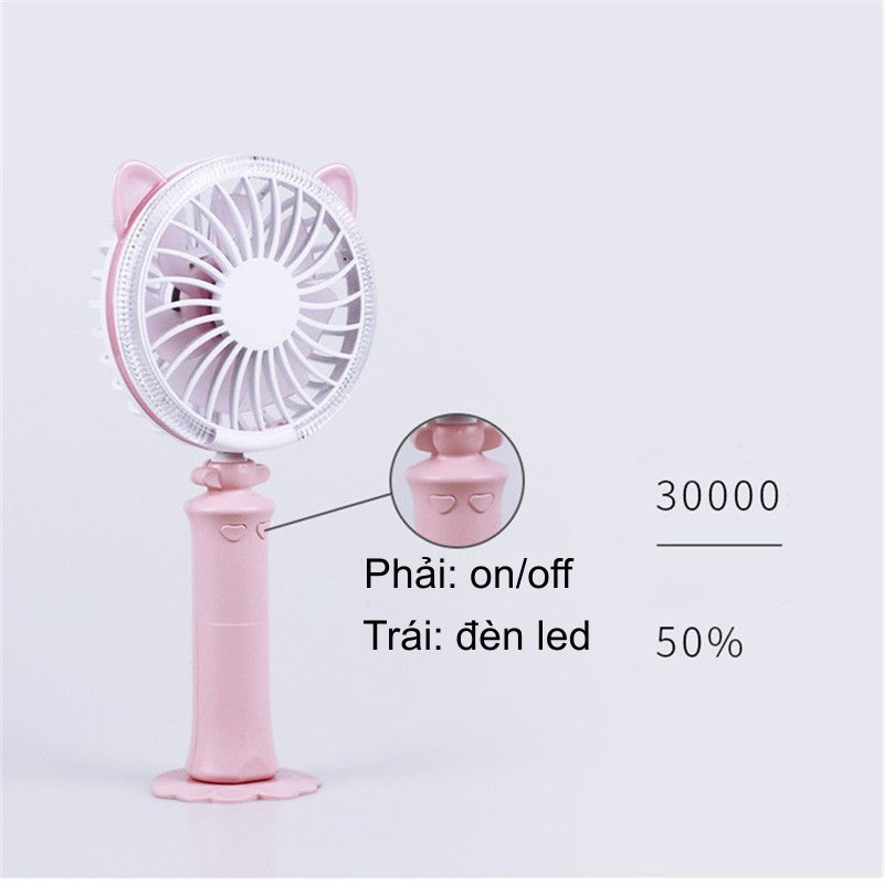 Quạt Cầm Tay Sạc Điện USB Dáng Con Mèo Có Đèn LED Đổi Màu Đặt Được Trên Bàn Bởi Đế Nhựa