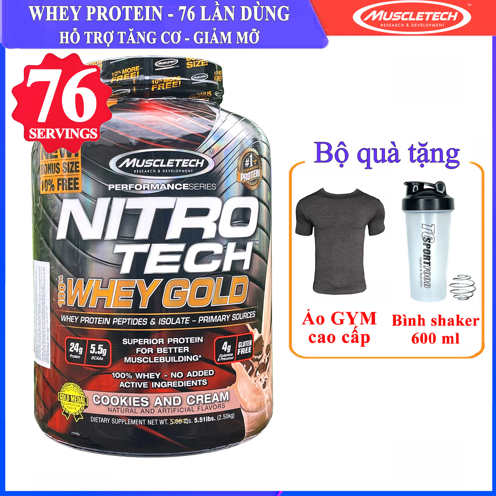 Combo Sữa tăng cơ Nitro Tech 100% Whey Gold của Muscle tech hỗ trợ tăng cơ, giảm cân, đốt mỡ cao cấp &amp; Bình lắc 600 ml (Màu Ngẫu Nhiên) &amp; Áo Gym màu đen