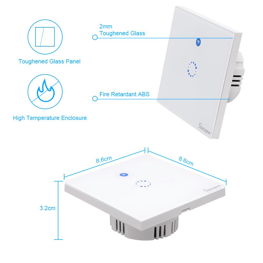 SONOFF T1 EU ITEAD Smart WiFi Wall Light Touch Switch Wireless 1 Gang Touch/WiFi/433MHz RF/APP Remote Control Timing Function Support for Google Home/Nest and Amazon Alexa Smart Home