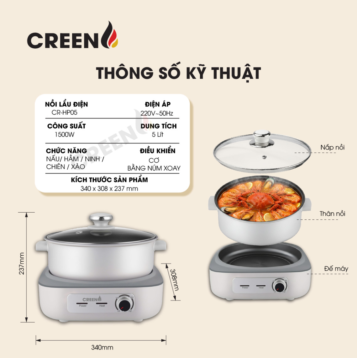 Nồi Lẩu Điện Đa Năng 5L CREEN CR-HP05 Thiết Kế Tháo Rời Độc Đáo, 1500W Bảo Hành 12 Tháng - Hàng Chính Hãng