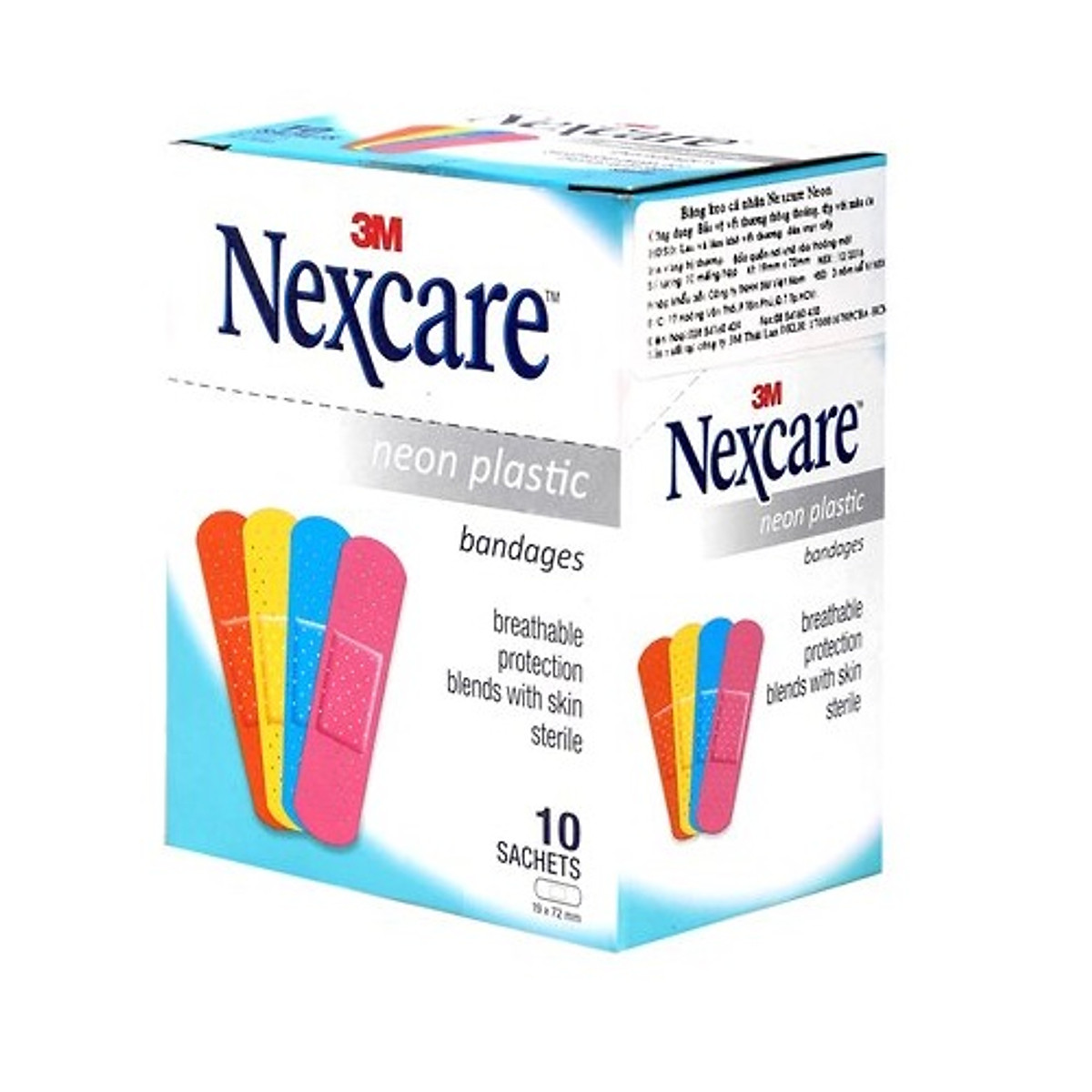 Hộp băng Keo Cá Nhân 3M Nexcare Neon, 9 Miếng/Gói, 10 Gói/Hộp, sản xuất tại Thái Lan