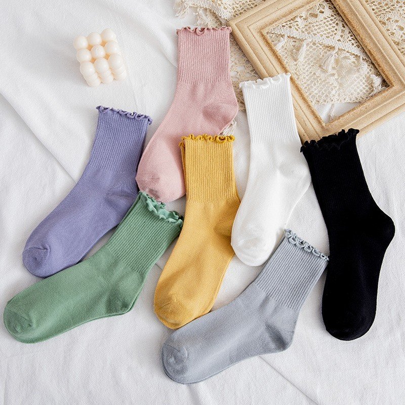 Tất, vớ nhún cổ bèo nữ cao cổ phong cách Vintage Hàn Quốc, hiệu MHAN cao cấp, chất liệu cotton, có nhiều màu
