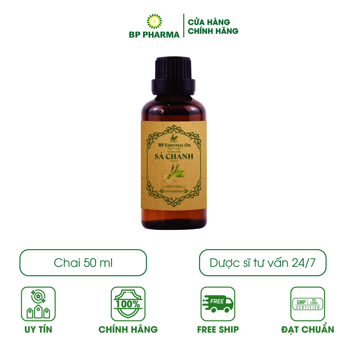 Tinh Dầu Sả Chanh BP ESSENTIAL OIL Hương Thơm Tự Nhiên, Giúp Thư Giãn, Khử Mùi Hôi, Cải Thiện Giấc Ngủ - Chai 50ml